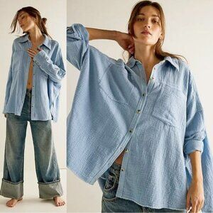 Free People We The Free Cardiff Top in Blue Bell Oversized Medium S Gauze Cotton